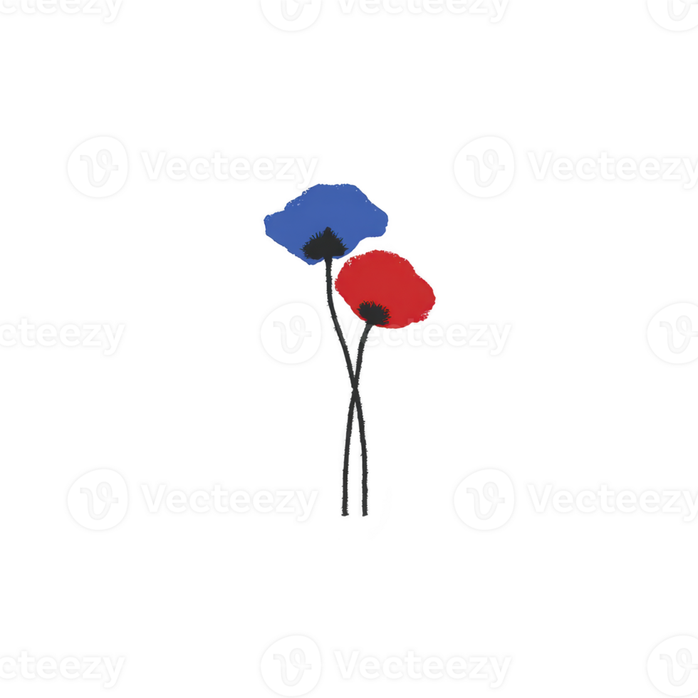 Two abstract flowers with blue and red petals are depicted with simple black stems on transparency background, creating minimalist and artistic design png