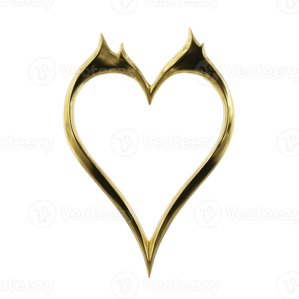 Golden heart shaped frame with pointed tips, resembling horns, stands out against transparency background, creating striking and elegant design png