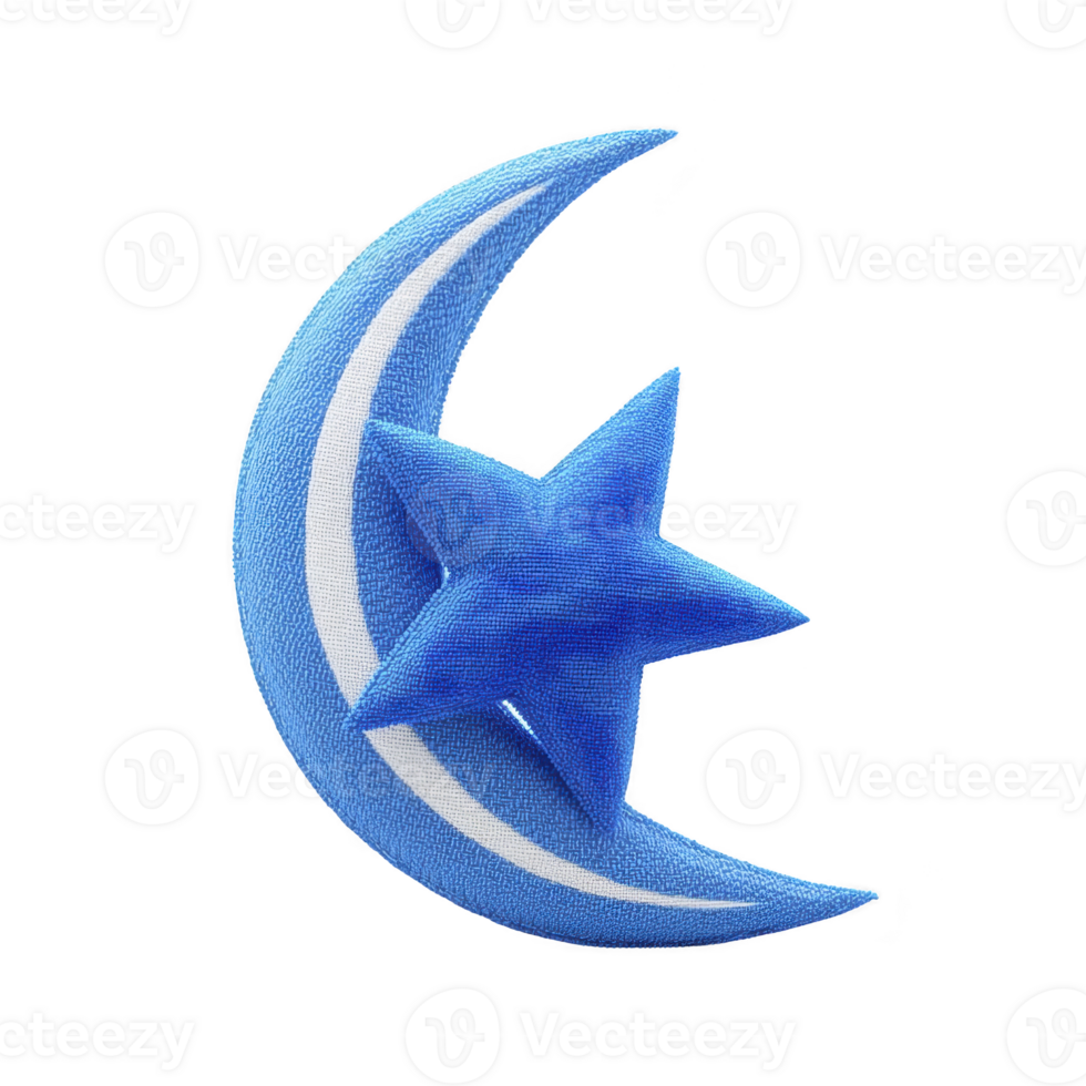 Blue crescent moon and star design with textured appearance, featuring white stripe on moon. image has soft, celestial theme, evoking sense of calm and serenity png