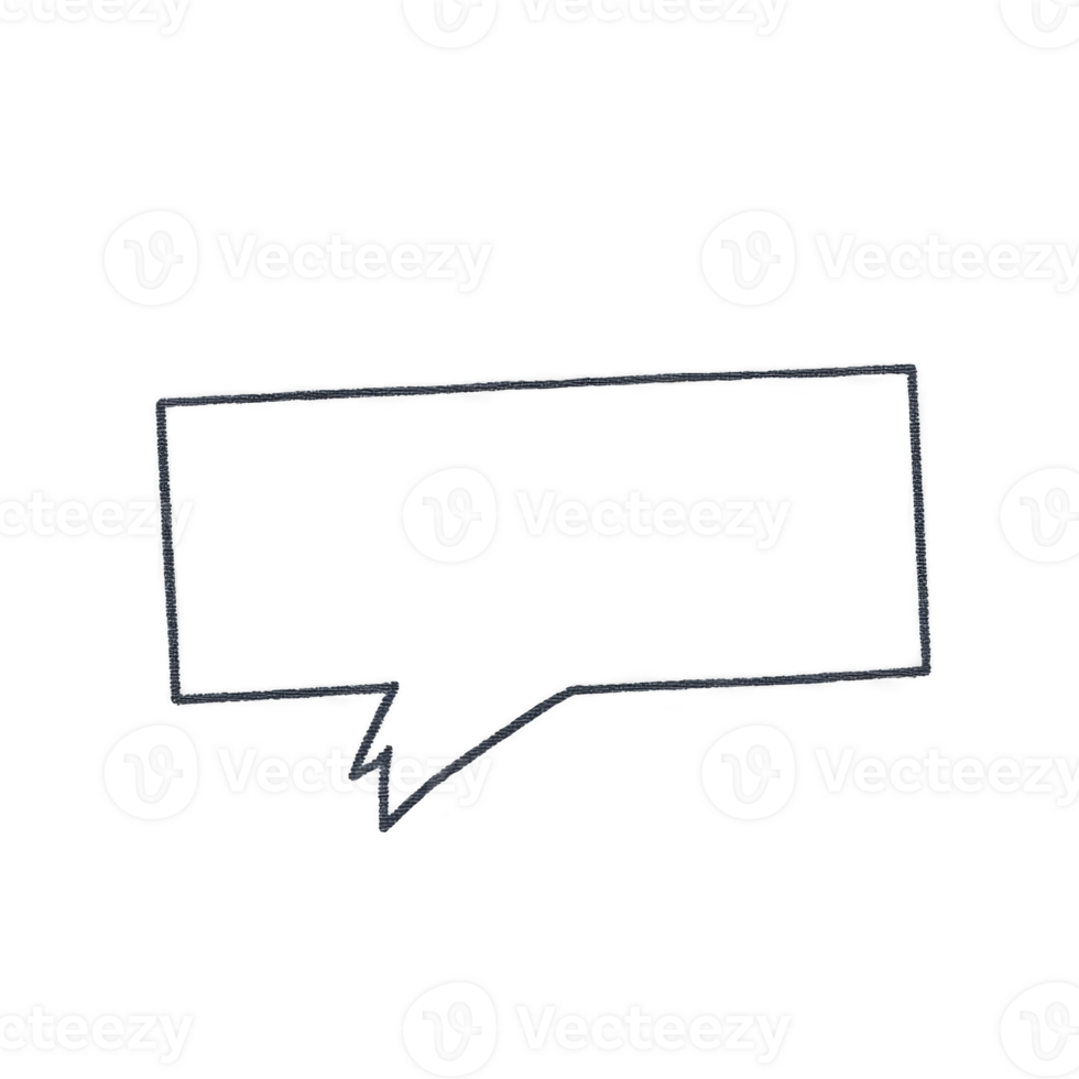 Hand drawn speech bubble with rectangular shape and pointed tail, outlined in black, on transparent background. simple design is ideal for adding text or creating comic effect png