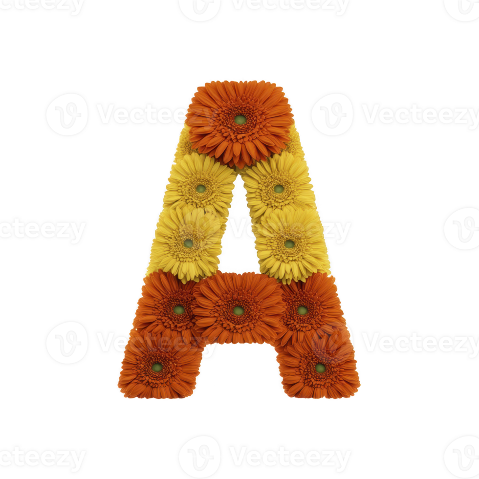 Letter made from vibrant orange and yellow gerbera daisies, creating colorful and cheerful floral design. arrangement is isolated on transparency background png