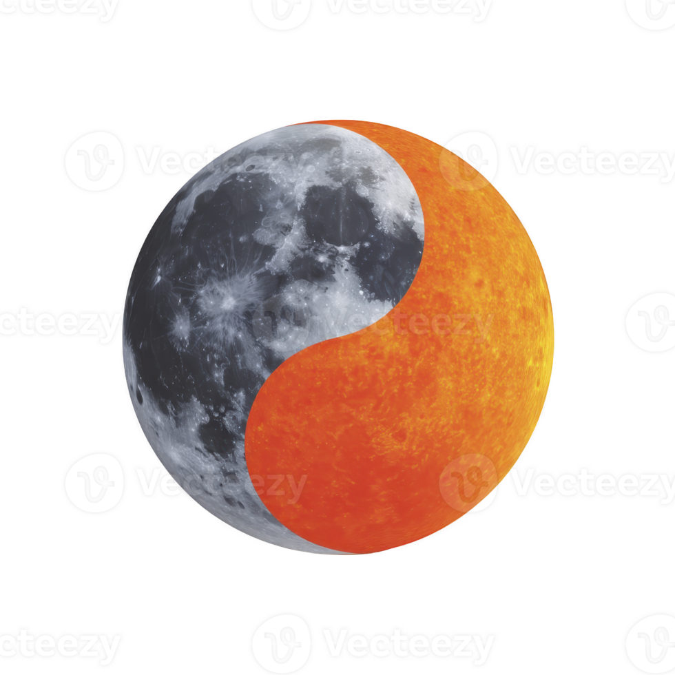 Yin yang symbol creatively combines moon and sun, representing balance and harmony. moon is depicted in grayscale, while sun is vibrant orange png
