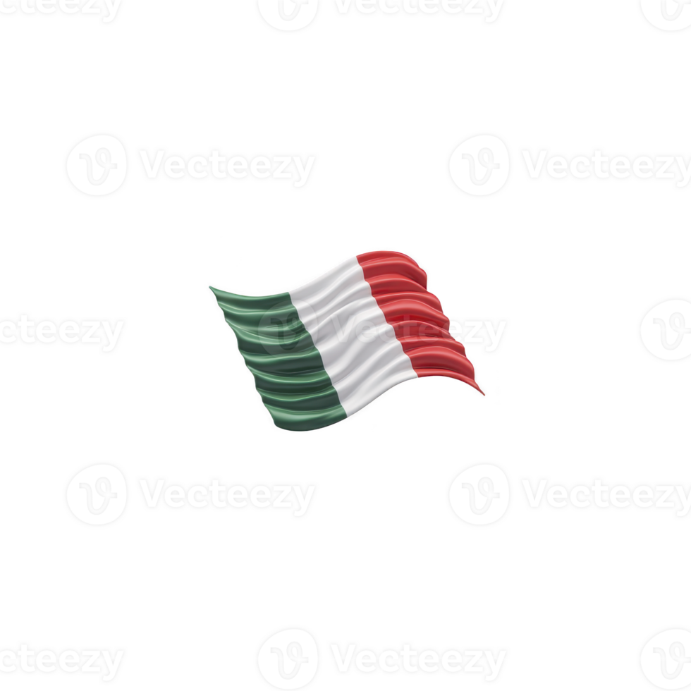 Image shows waving flag with green white and red vertical stripes representing national flag of Italy. flag is depicted dynamic flowing motion. Italian flag waving dynamic motion featuring green png