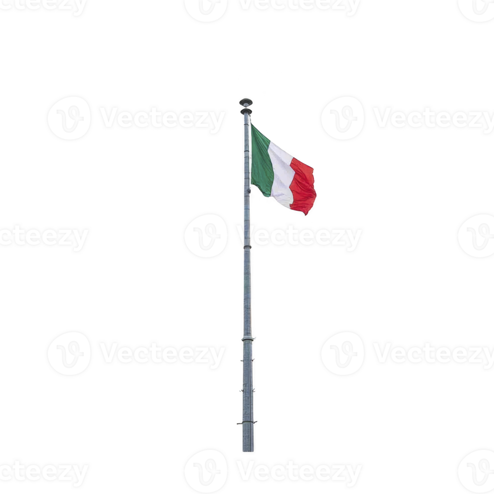 Image shows Italian flag waving on tall flagpole against clear sky. flag features green, white, and red vertical stripes, symbolizing Italy png