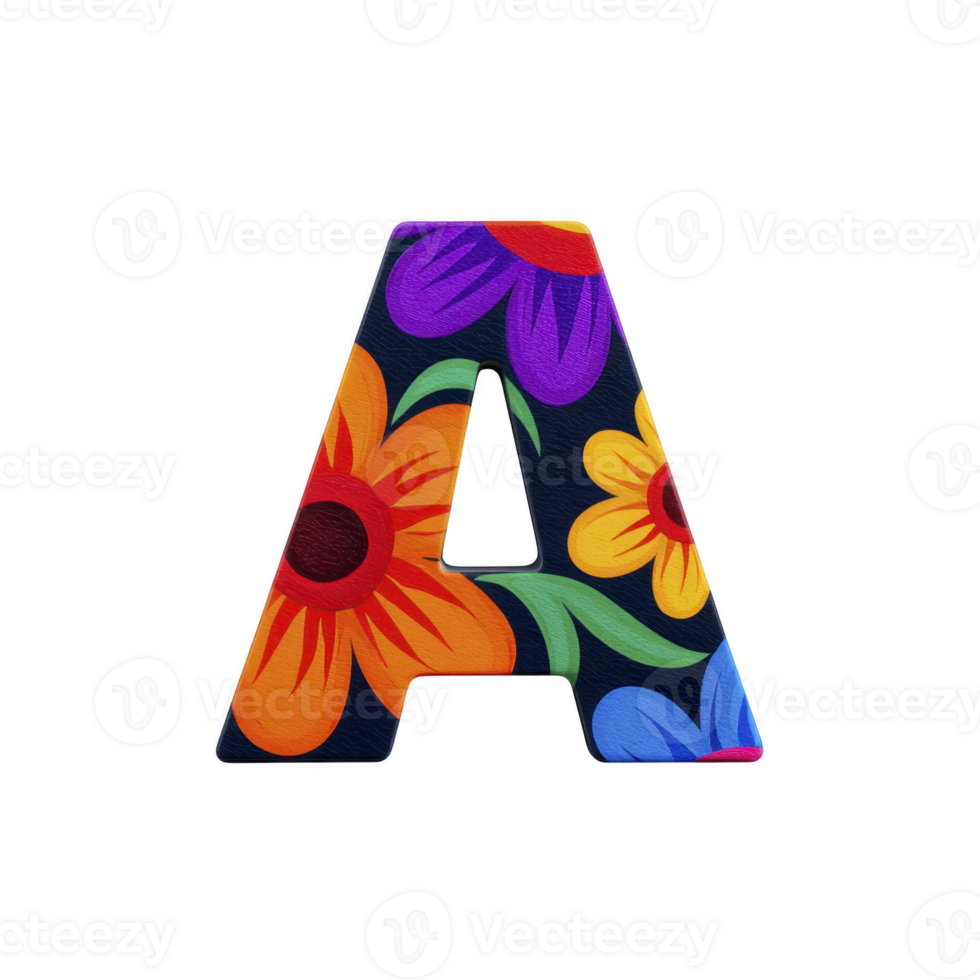 Colorful letter is adorned with vibrant floral patterns, featuring orange, yellow, and purple flowers on transparency background, creating lively and artistic design png