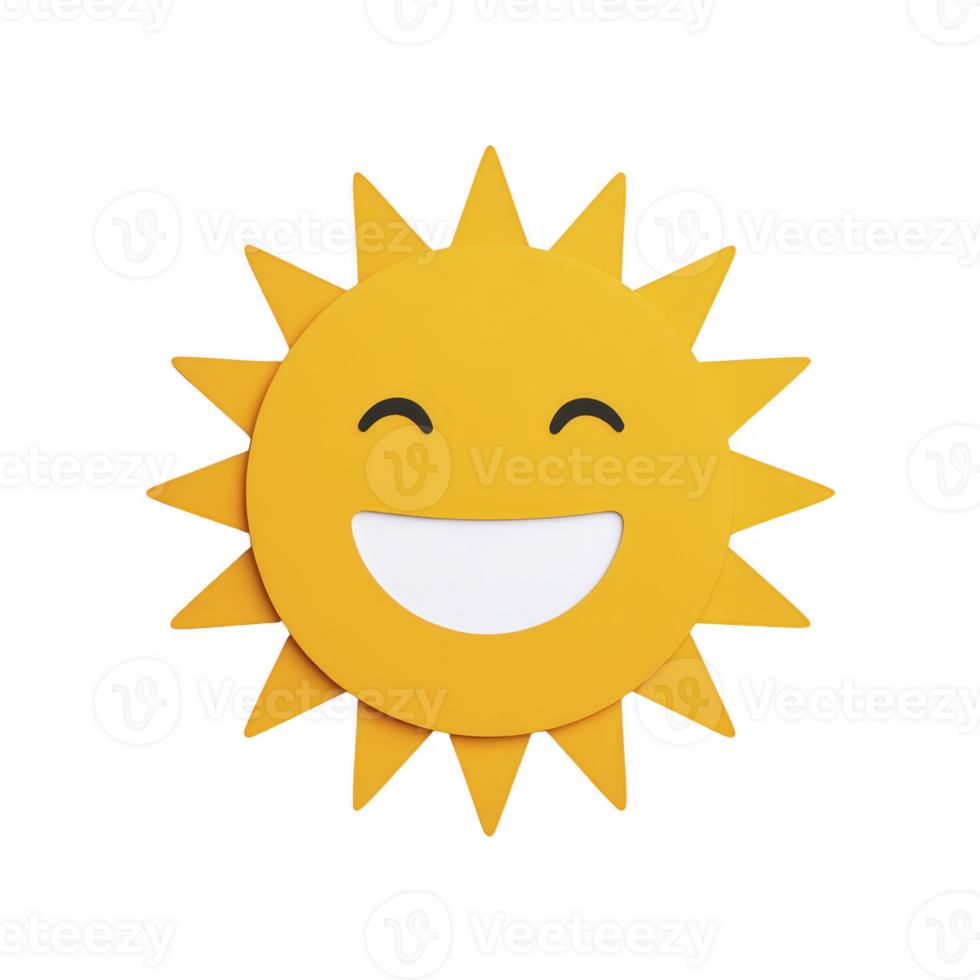 Cheerful yellow sun with smiling face and pointed rays, symbolizing happiness and warmth. simple design conveys sense of joy and positivity png