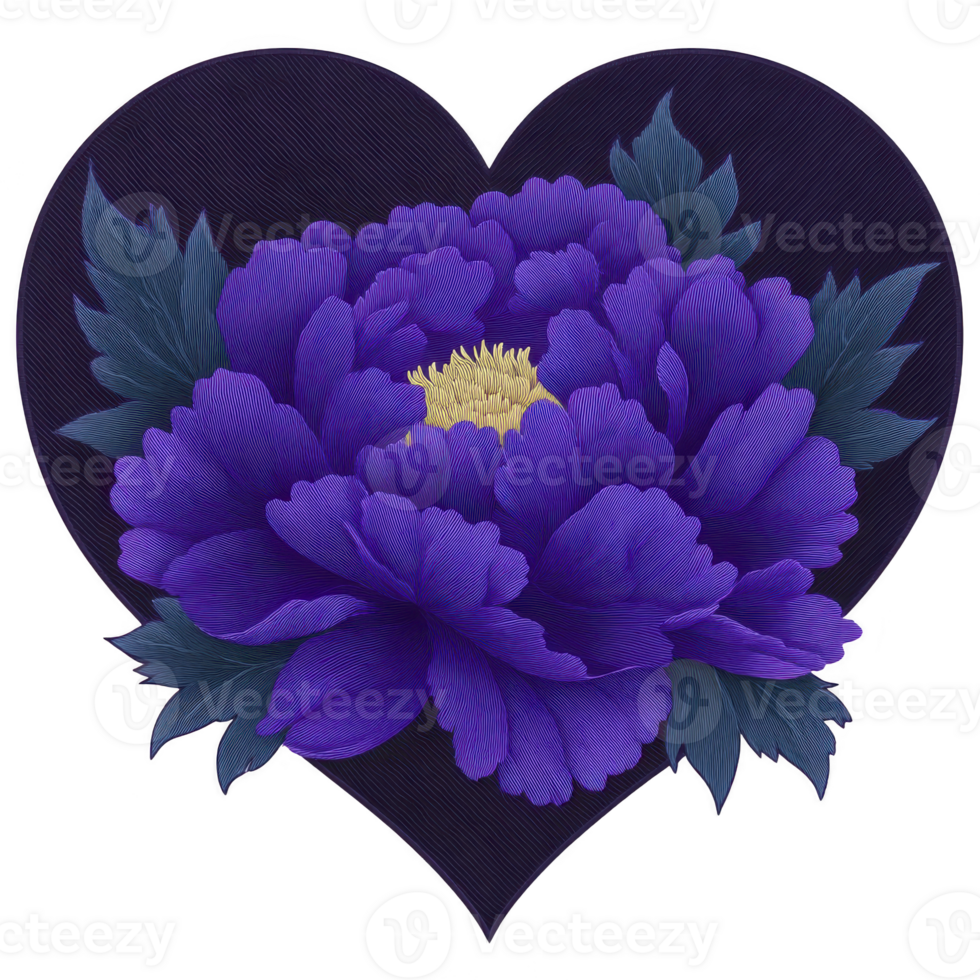 Vibrant purple peony flower with lush petals and yellow center is beautifully set against dark heart shaped background, creating striking contrast png
