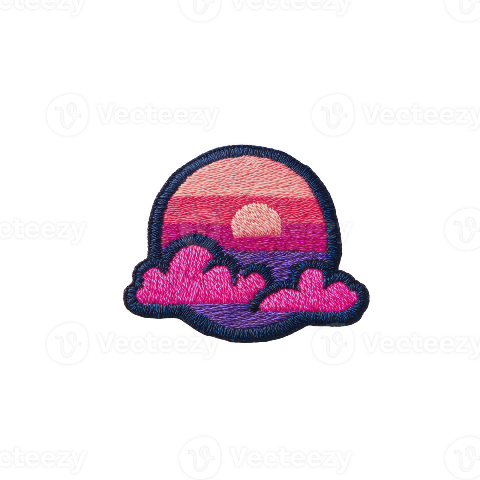 This features colorful embroidered patch depicting sunset with vibrant pink and purple hues, set against transparency background. design includes sun setting over stylized clouds, creating dreamy png