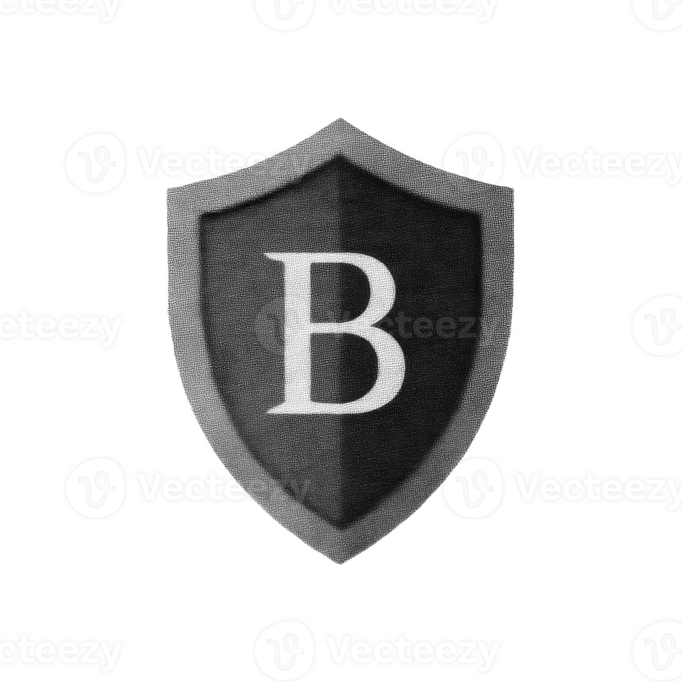 Black and gray shield with bold letter B in center symbolizes protection and security. design is simple yet impactful, conveying strength and reliability png