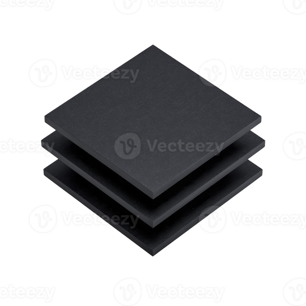 Stack of three black square tiles is shown, each with smooth surface and sharp edges, creating minimalist and modern appearance. tiles are evenly spaced, casting subtle shadows png