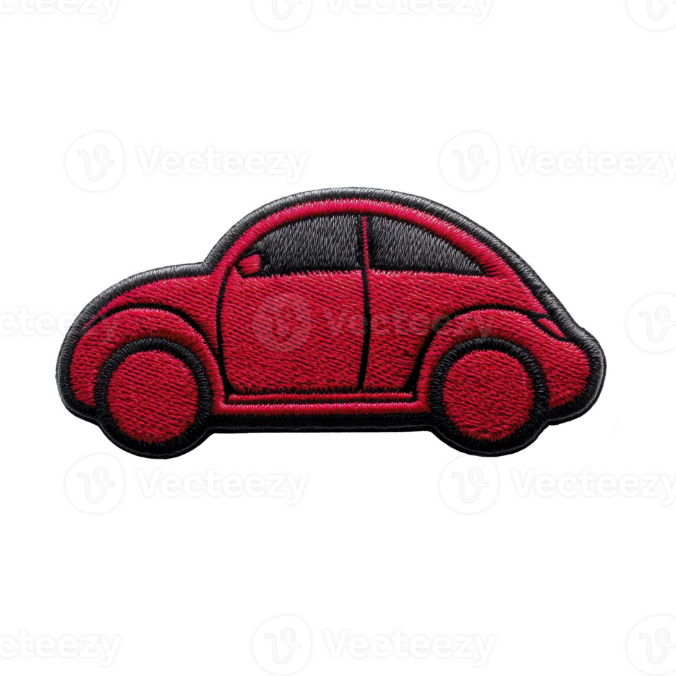 Red embroidered patch in shape of classic car with black outline, showcasing simple and playful design. patch is isolated on transparency background png