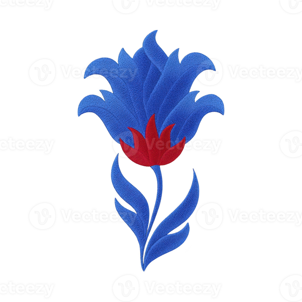 Vibrant embroidered design features stylized blue flower with red center, showcasing intricate stitching and elegant curves. floral motif is set against plain background, highlighting its artistic png