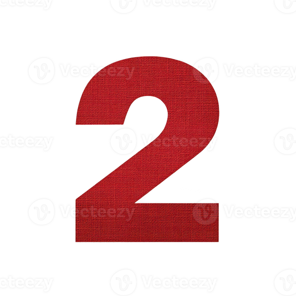 Image shows large red number two on plain background. number is bold and textured, standing out clearly against backdrop. Red number two on plain background, bold and textured png
