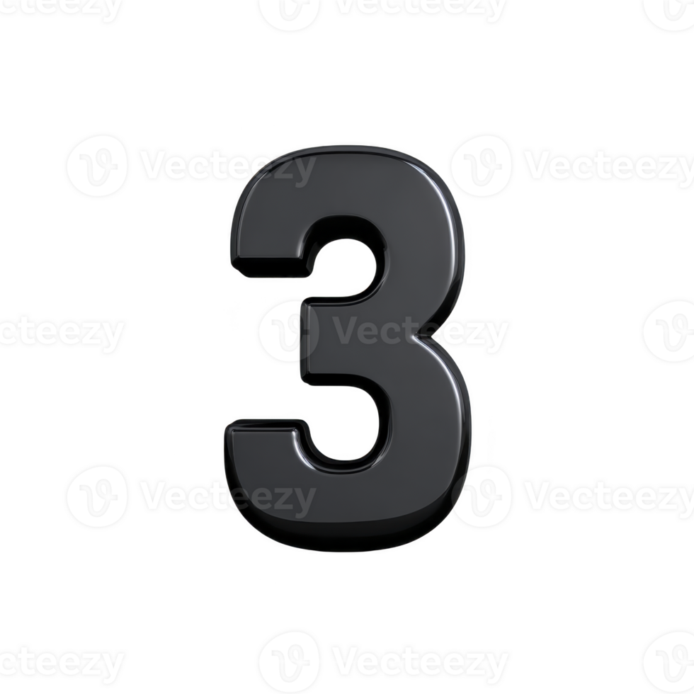 Shiny black number three with reflective surface stands out against plain background, creating bold and modern look png