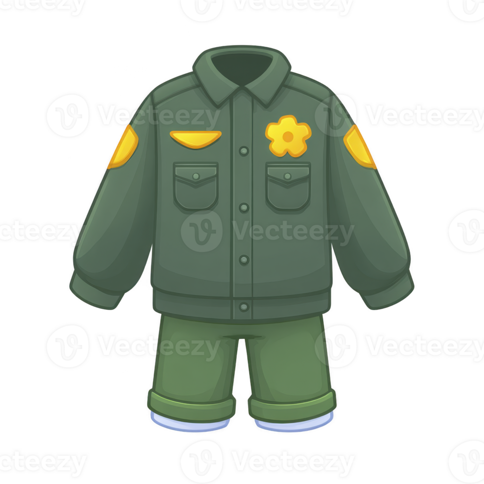Green uniform with yellow patches and flower emblem, featuring jacket and shorts. design is simple and cartoonish, suitable for playful or animated theme png