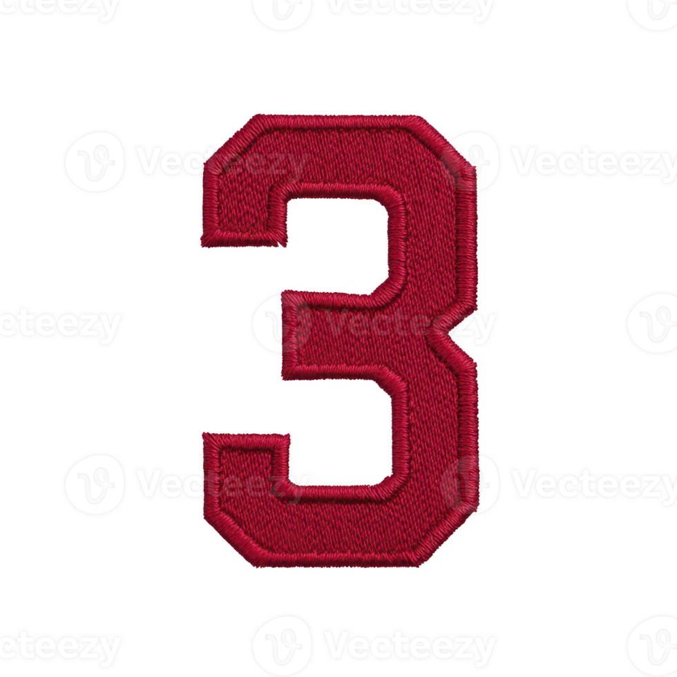 Red embroidered number three on transparency background, showcasing bold and textured design. numeral is prominently displayed, highlighting its intricate stitching and vibrant color png