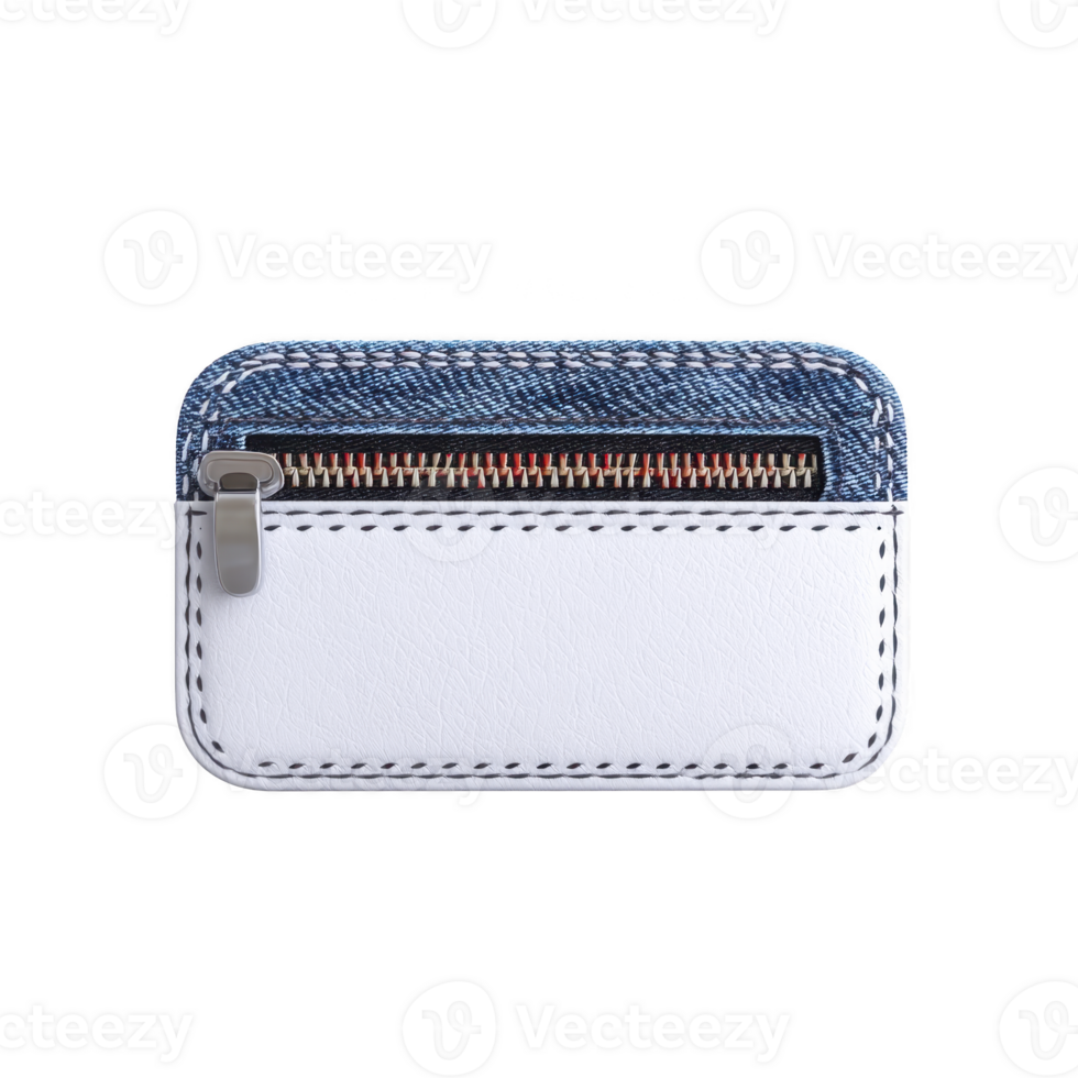 Stylish wallet with white leather front and denim back, featuring zipper closure. design combines modern and classic elements, perfect for everyday use png
