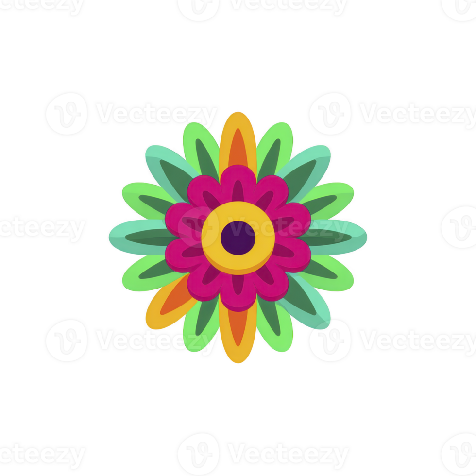 Colorful abstract flower design with vibrant petals in shades of pink, green, and yellow, creating symmetrical and eye catching pattern png