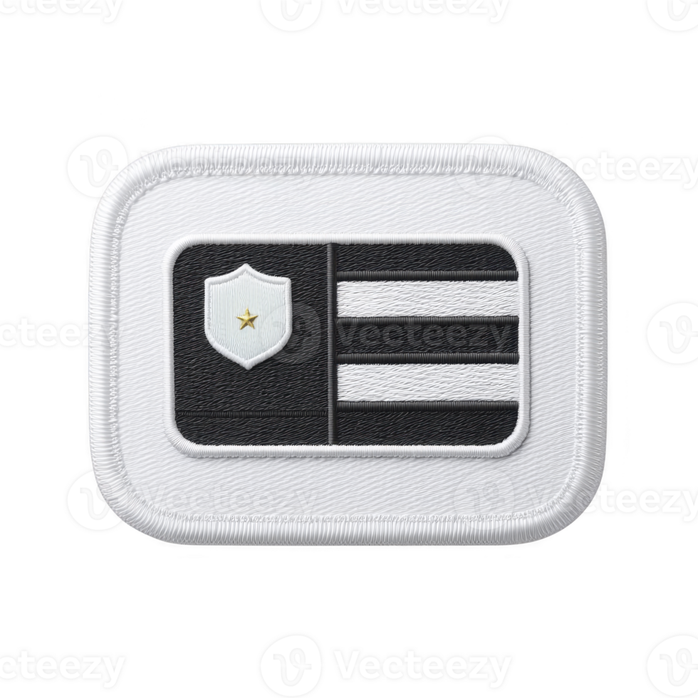 This shows rectangular embroidered patch with black and white design featuring shield with star and horizontal stripes. patch has white border and textured appearance.Patch with shield and stripes png