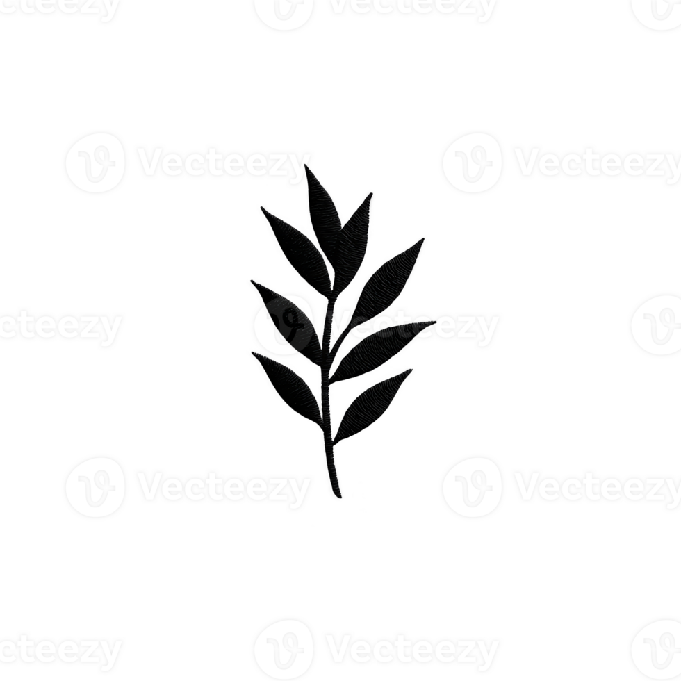 Simple black silhouette of leafy branch with multiple leaves on transparency background, conveying minimalistic elegance png