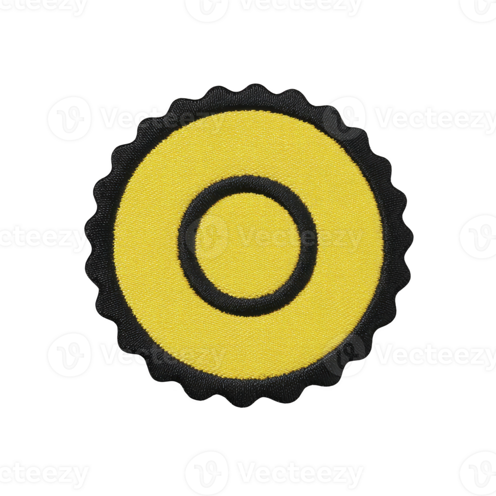 Circular yellow and black emblem with textured surface, featuring central circle surrounded by scalloped edge. design is simple and bold, evoking sense of modernity and clarity png