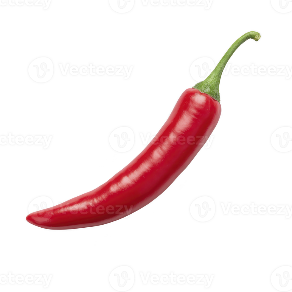 Vibrant red chili pepper with glossy surface and green stem, isolated on transparency background. pepper curved shape and bright color make it visually striking png