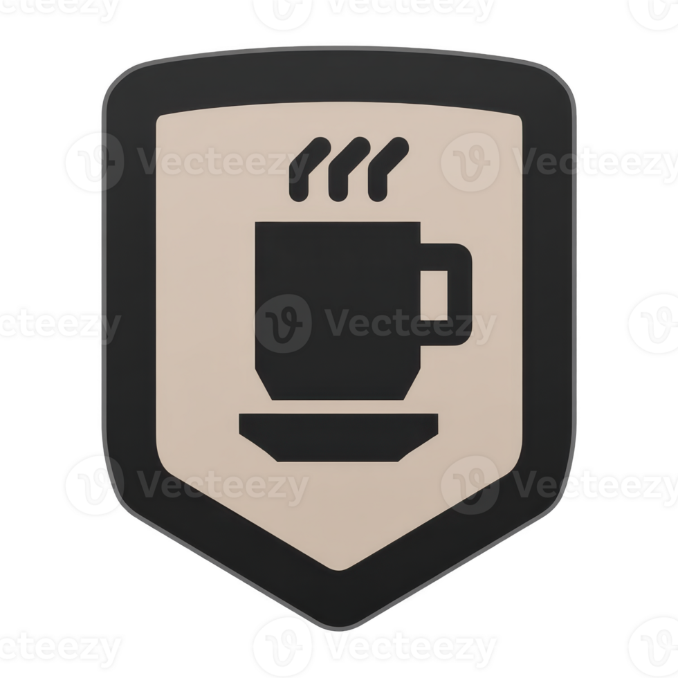 Shield shaped icon features stylized coffee cup with steam rising, symbolizing warmth and comfort. design is simple and modern, using neutral tones for minimalist aesthetic png