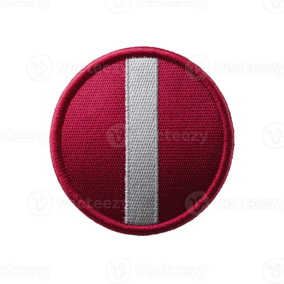 Round embroidered patch with red background and vertical white stripe in center, symbolizing specific design or insignia. patch has textured fabric appearance and stitched border png