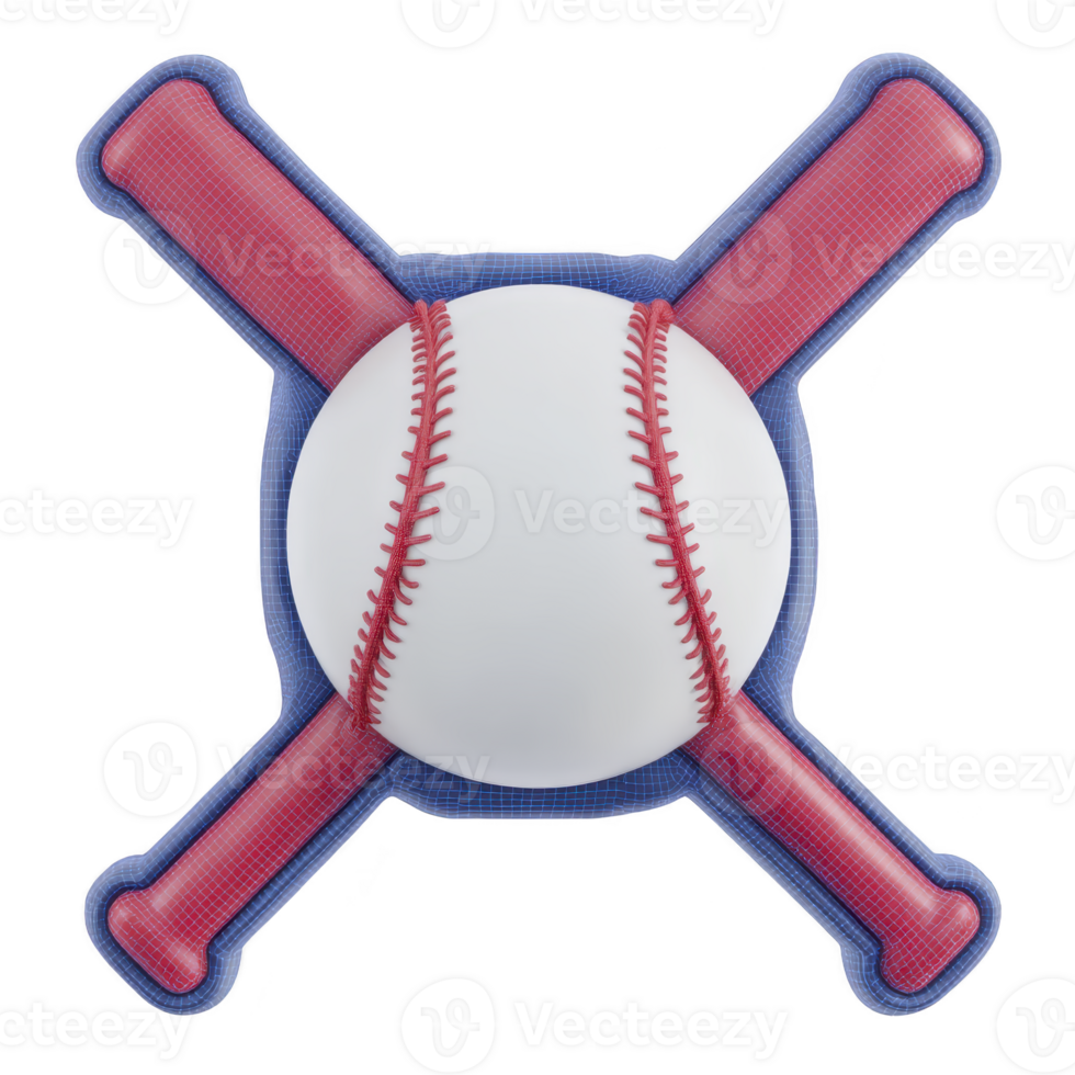 Baseball with red stitching is crossed by two red bats, creating sporty and dynamic emblem. design is bold and colorful, perfect for representing baseball enthusiasm png