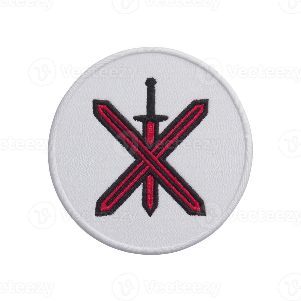 This features circular patch with red and black sword design on transparency background. sword is crossed with two red lines, creating striking emblem png