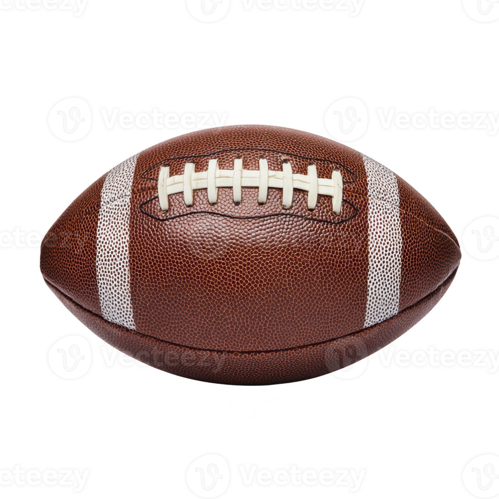 Brown leather American football with white laces and stripes is isolated on transparency background, showcasing its textured surface and classic design png