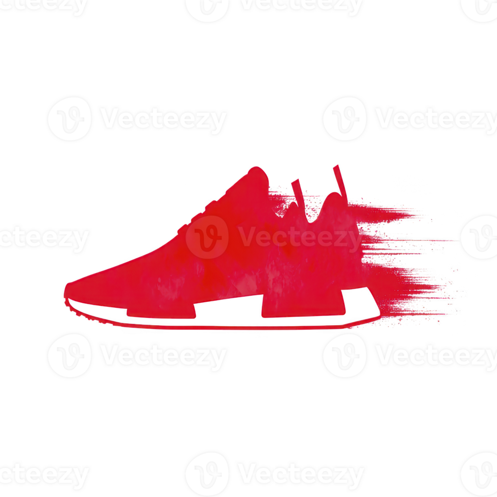 Vibrant red sneaker illustration with dynamic, brushstroke effect conveys speed and energy. artistic design emphasizes movement, making it ideal for sports or fashion themes png