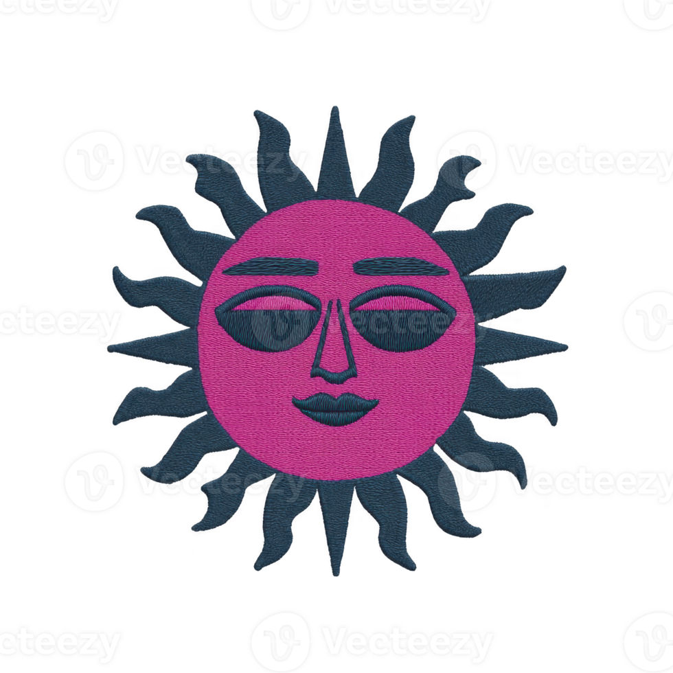 Vibrant illustration of sun with pink face and dark blue rays, featuring serene expression. design combines bold colors and stylized aesthetic, evoking sense of calm and creativity png
