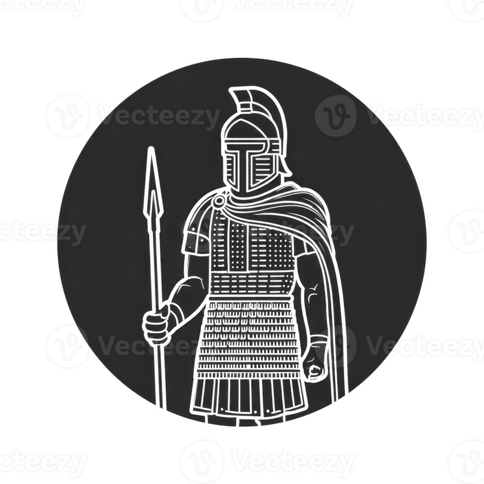 Detailed illustration of ancient warrior in armor, holding spear and wearing helmet with crest, evokes sense of historical valor and strength. monochrome design highlights intricate details png