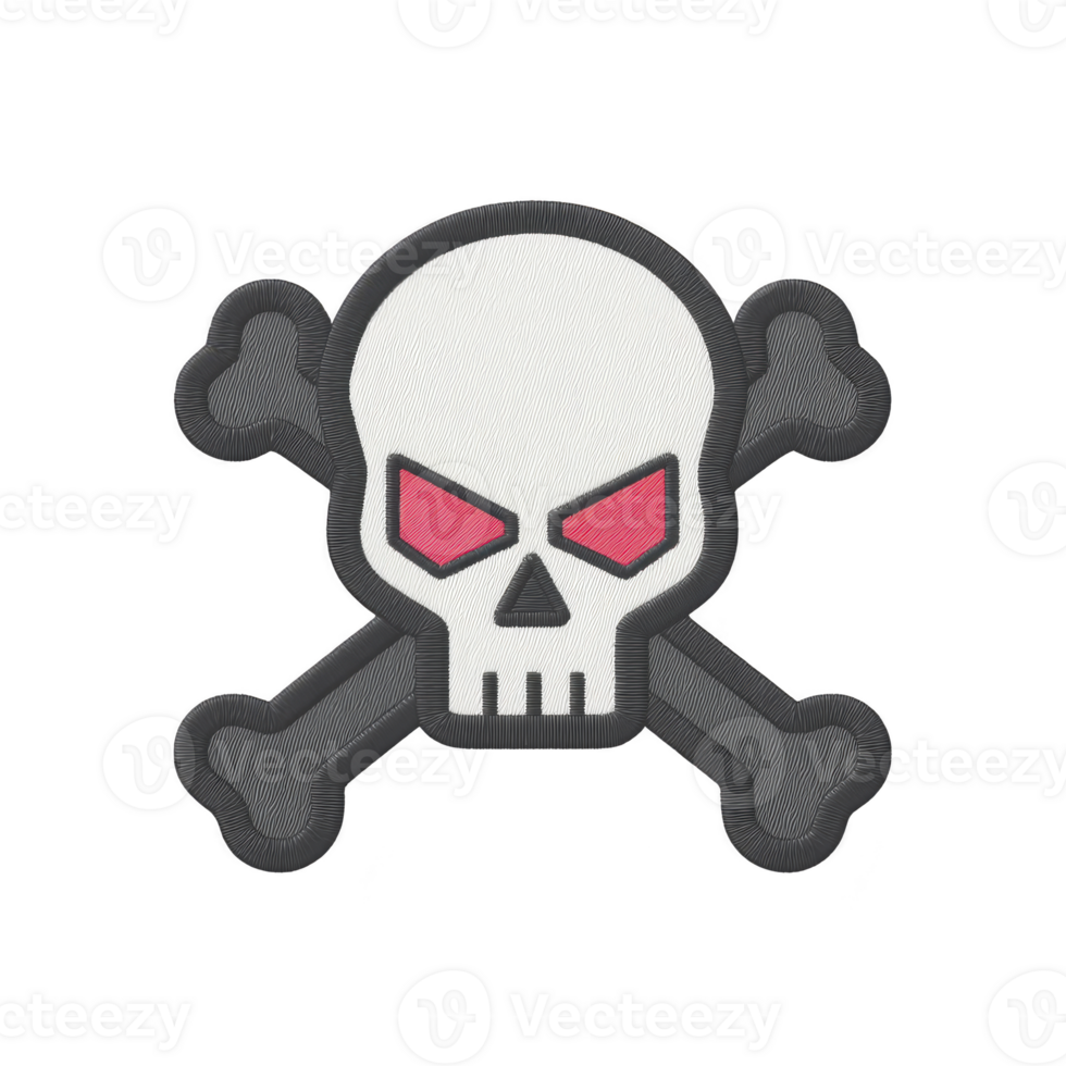 Stylized skull and crossbones with red eyes and textured appearance conveys sense of danger or warning. design is bold and striking, often associated with pirate themes png