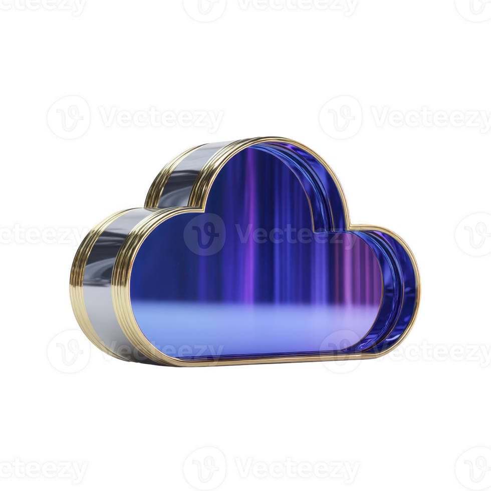 3D metallic cloud icon with glossy blue and purple gradient surface, reflecting light. design is modern and sleek, symbolizing digital technology and cloud computing png