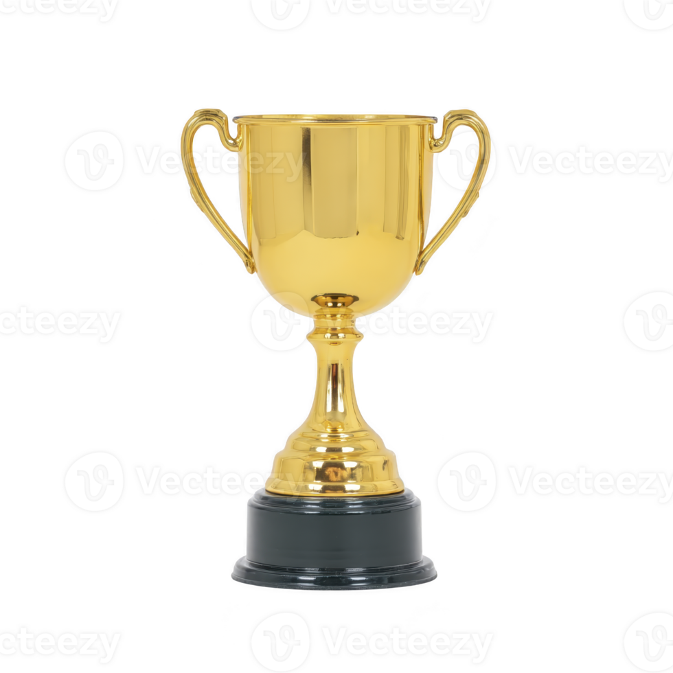 Shiny gold trophy cup with two handles and black base, symbolizing achievement and success. trophy is isolated on transparency background, highlighting its elegance and prestige png