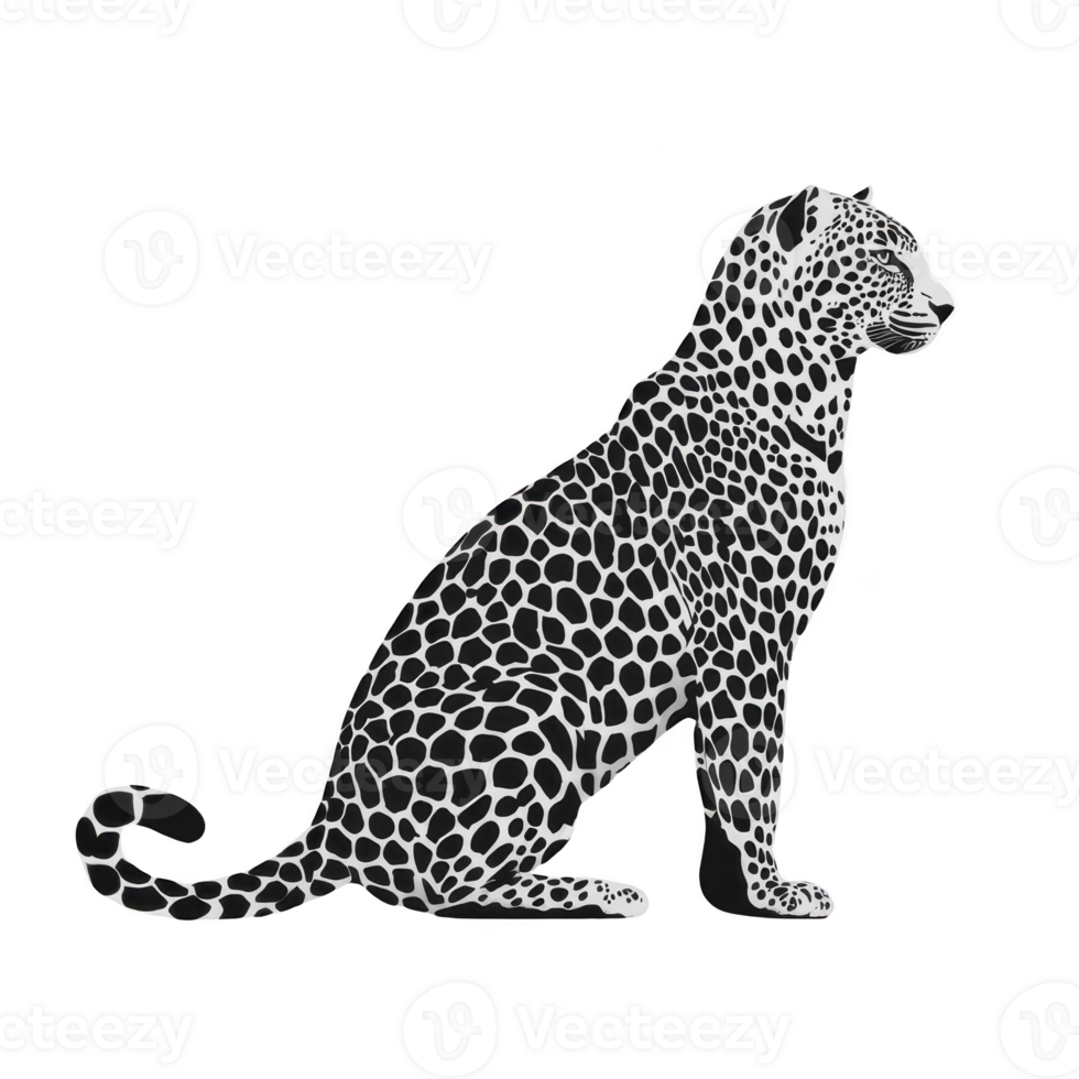 Stylized illustration of leopard with unique black and white pattern sits gracefully, showcasing its elegant form and distinctive spots. artistic design emphasizes leopard majestic presence png