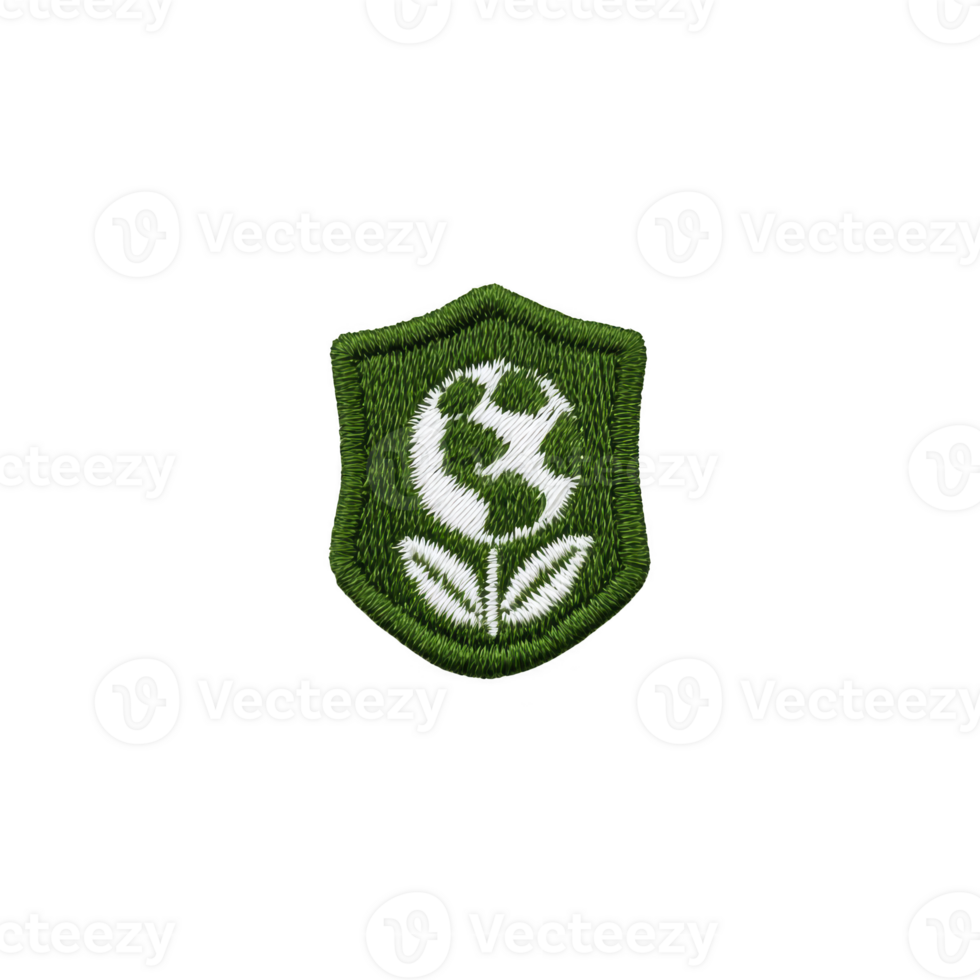 Green embroidered patch features globe and plant, symbolizing environmental awareness and sustainability. design is simple yet impactful, promoting eco friendly values png