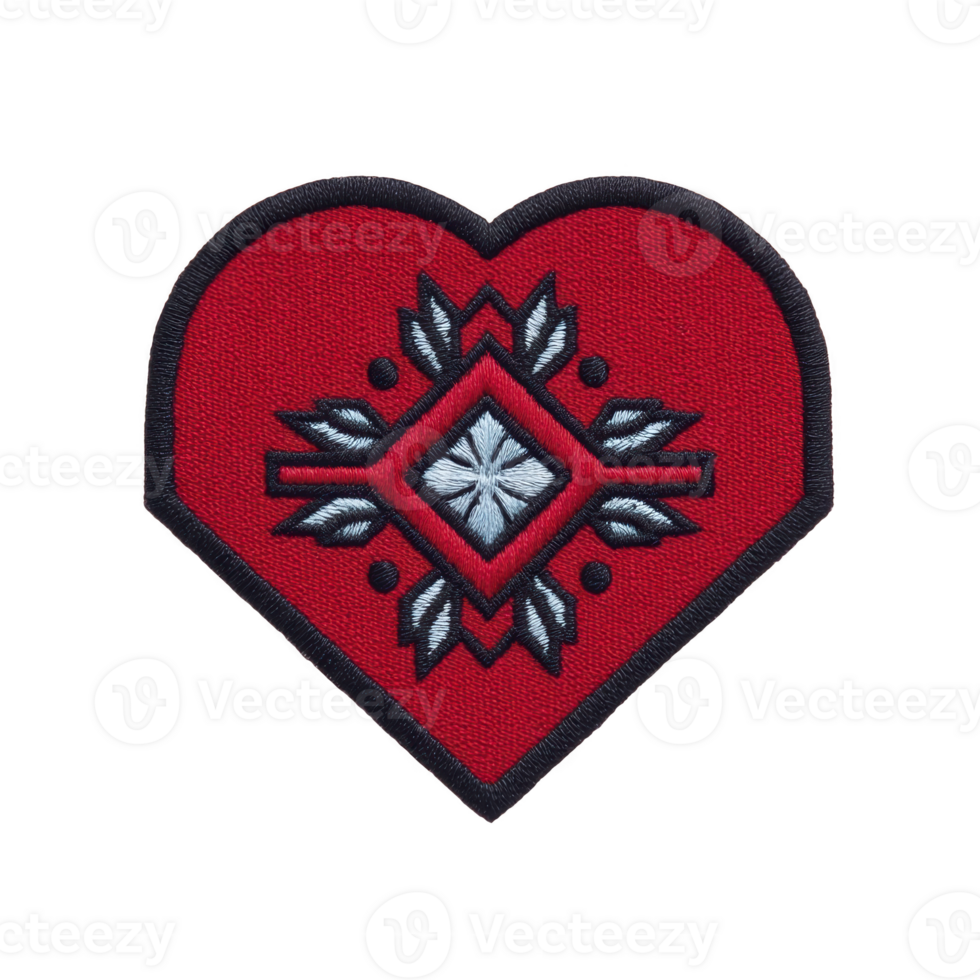 Red heart shaped embroidered patch with geometric pattern in center, featuring blue and white accents. design is symmetrical and outlined in black, giving it bold appearance png