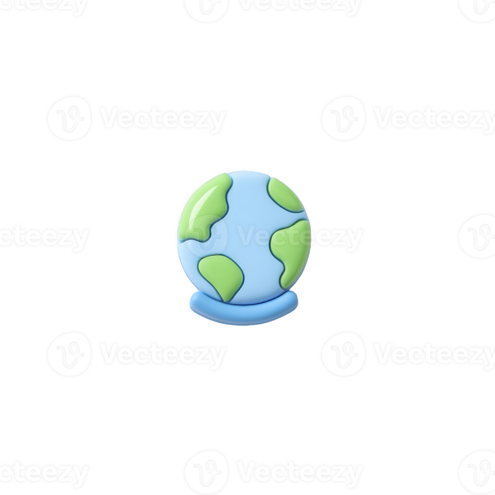 3D illustration of small globe with blue oceans and green continents, symbolizing global connectivity and environmental awareness. design is simple and modern png