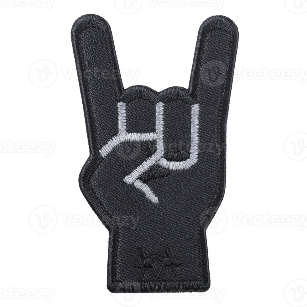 Black embroidered patch features hand making rock and roll gesture, with white stitching outlining fingers. patch has textured appearance, adding bold and edgy vibe png