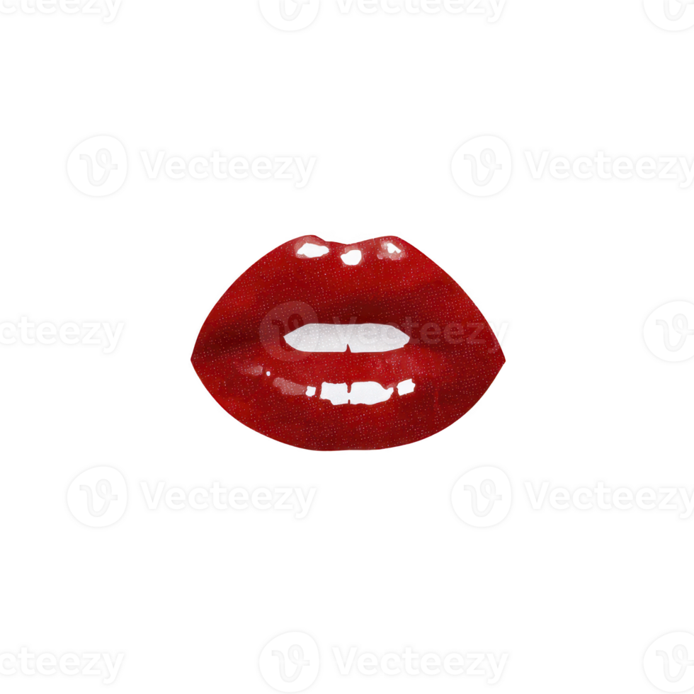 Red glossy lips with shiny finish, isolated on transparency background, create bold and striking visual. vibrant color and reflective surface add touch of glamour and allure png