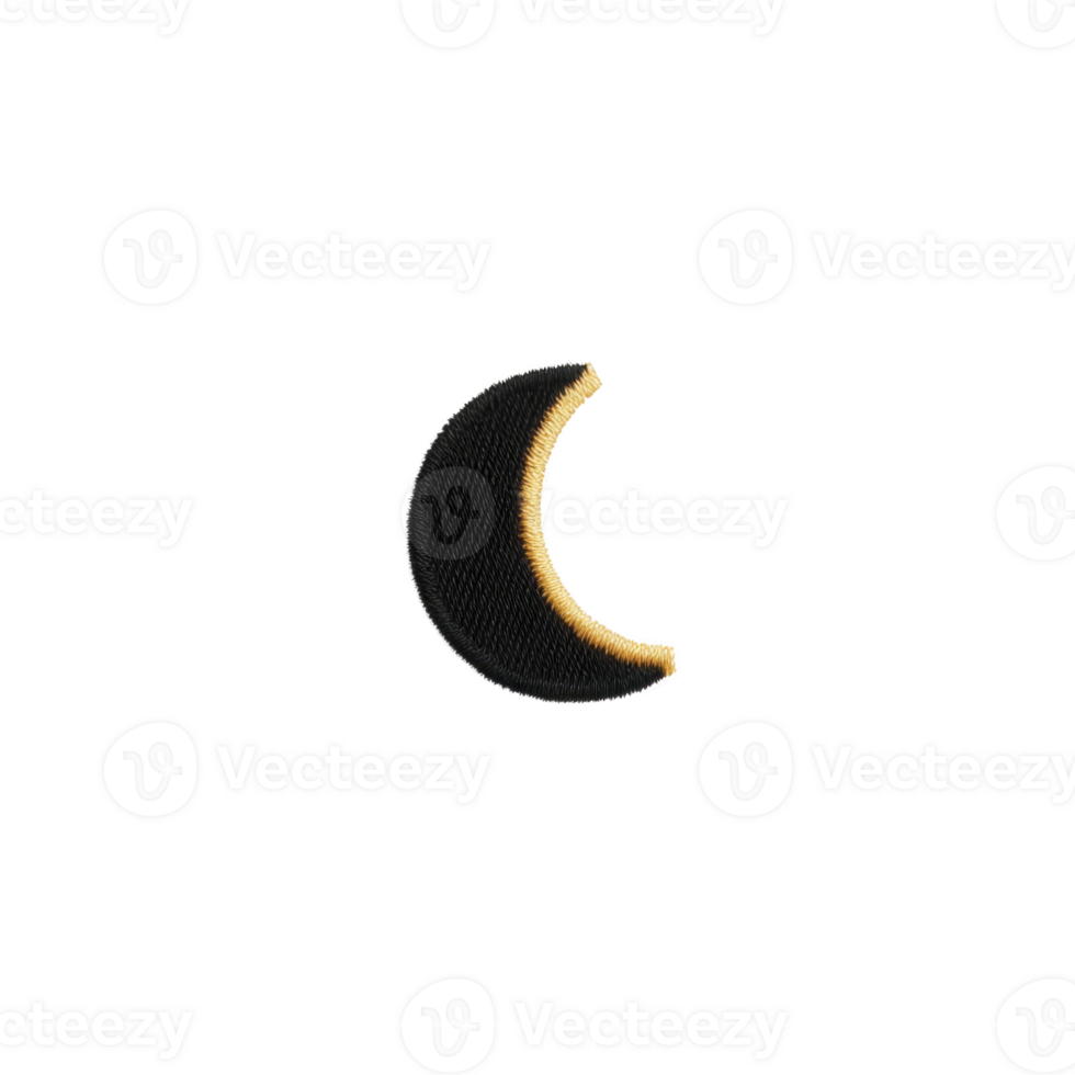 Crescent moon patch with black and gold design is isolated on transparency background, showcasing its simple yet elegant embroidery png