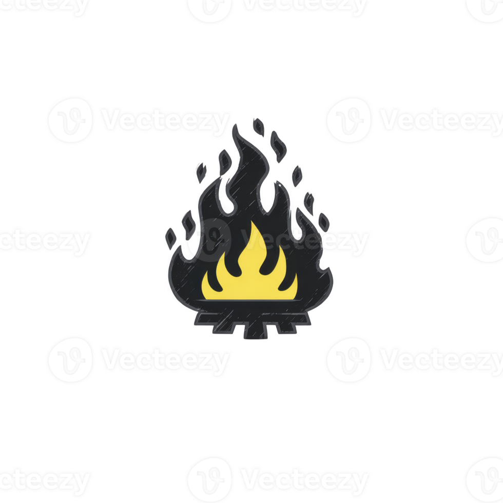 Stylized illustration of campfire with yellow flames and black smoke, set against transparent background. design is simple and minimalistic, evoking sense of warmth and adventure png