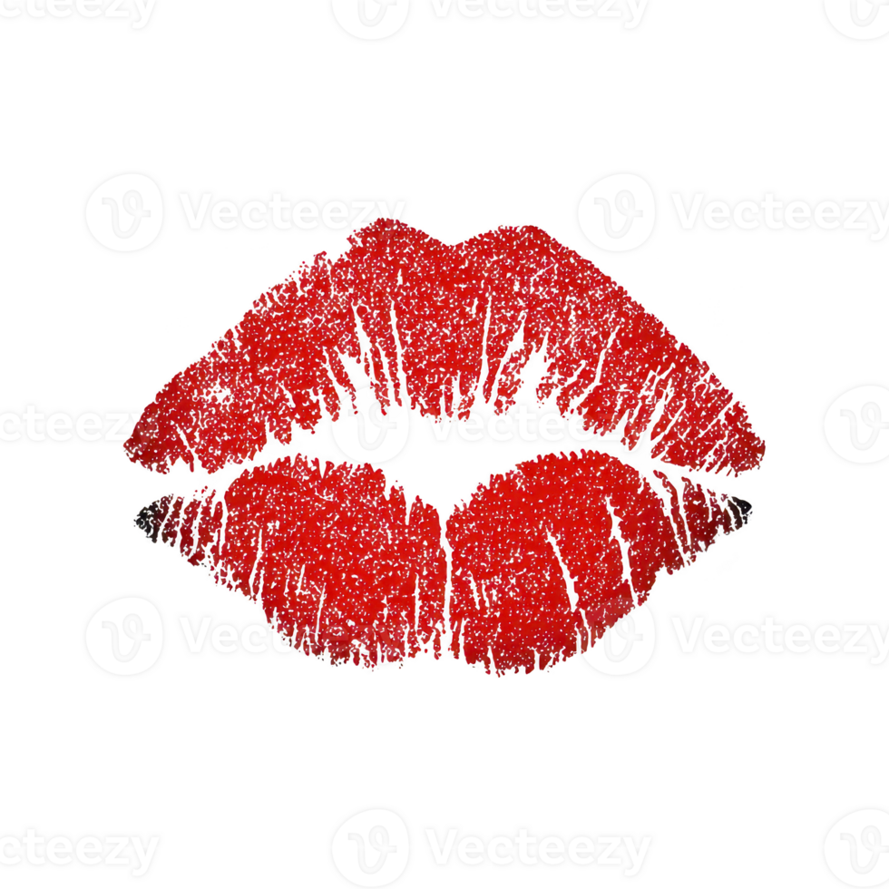 Vibrant red lipstick print on transparency background, symbolizing passion and romance. bold color and texture create striking visual impact, often associated with love and affection png