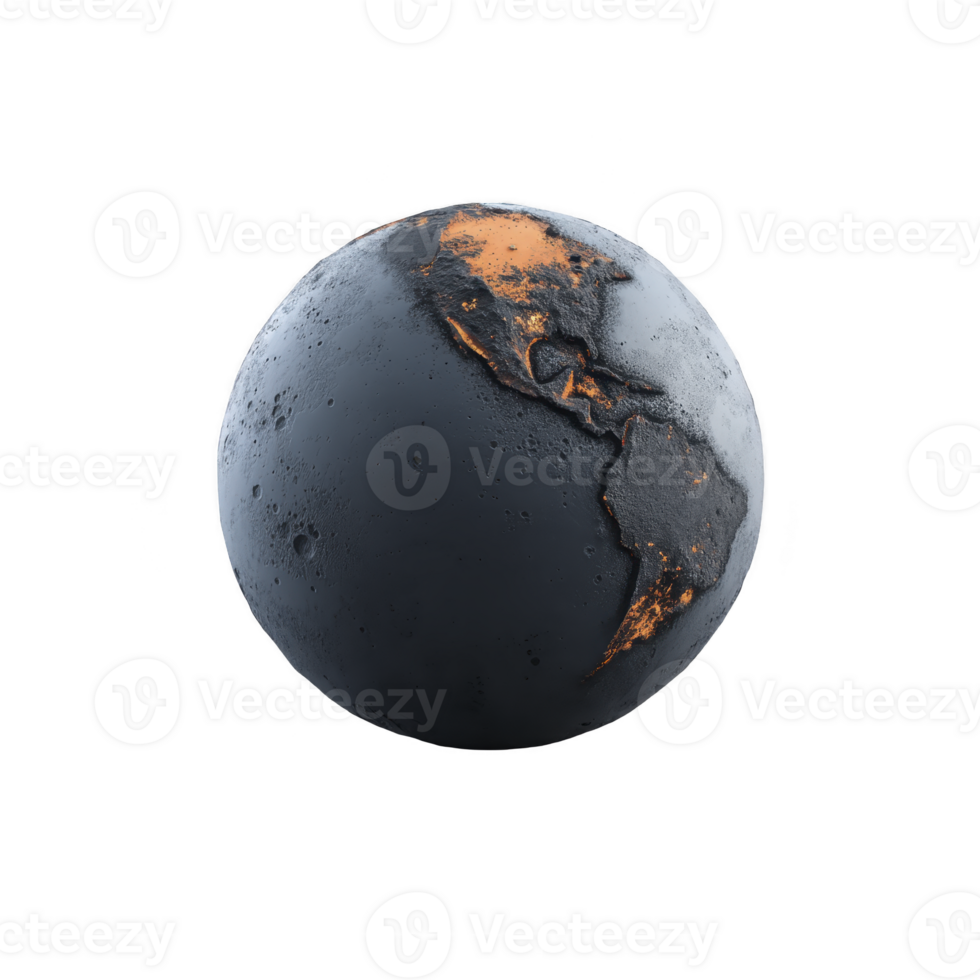 Digitally rendered image of Earth with dark, moon like texture and highlighted orange landmasses, creating surreal and artistic representation of planet png