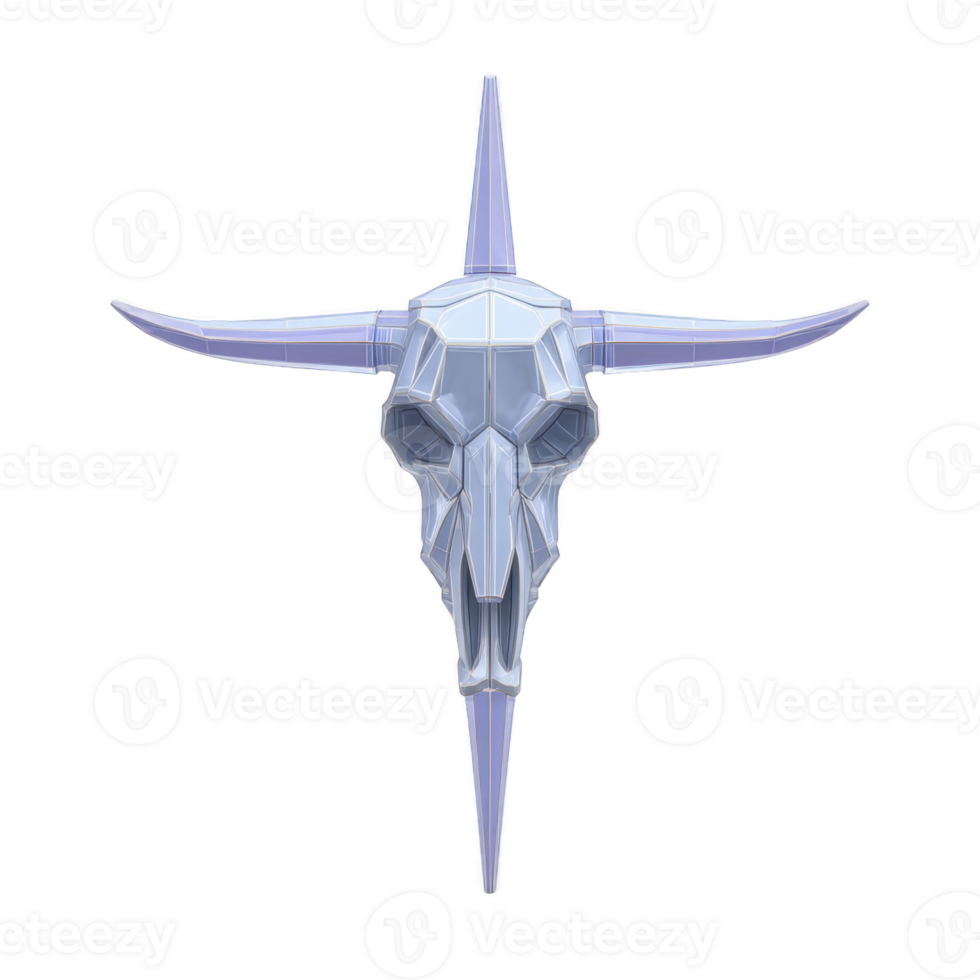 Geometric bull skull design with sharp, angular features and metallic appearance, set against transparent background. design is symmetrical and stylized, evoking modern and edgy aesthetic png
