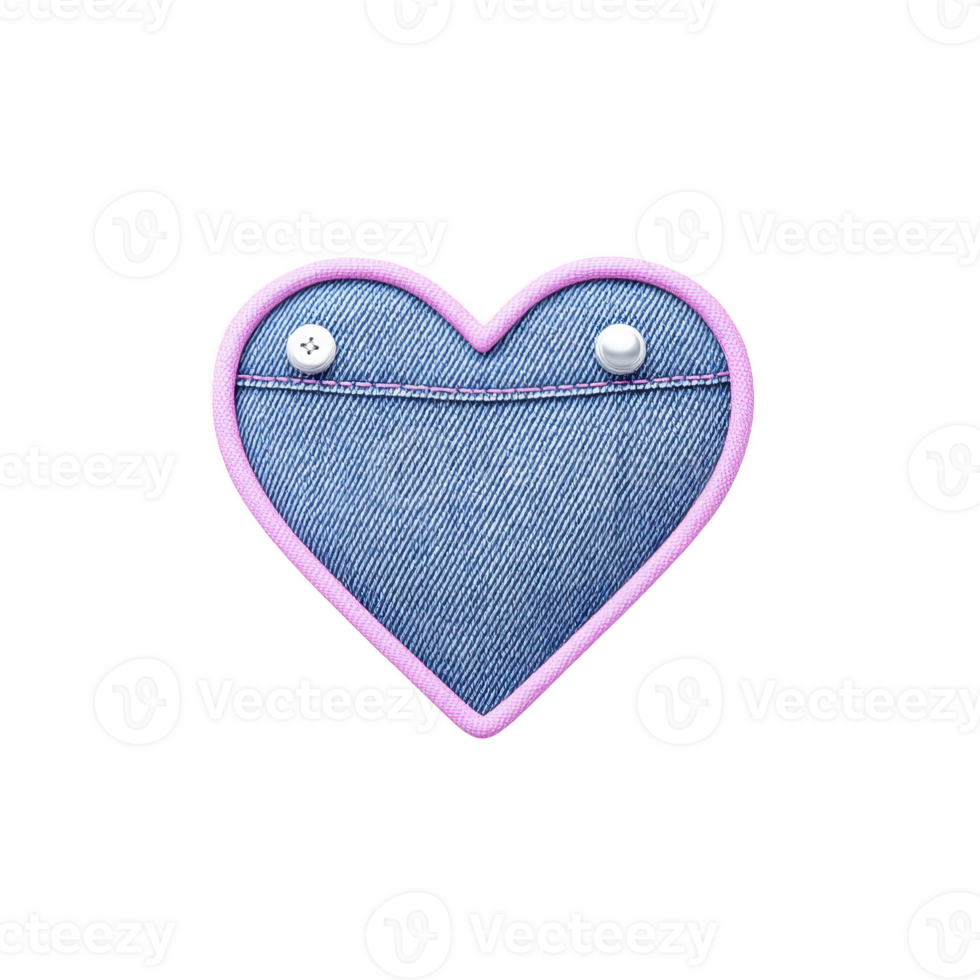 Heart shaped denim patch with pink border and button details creates playful and cute design. denim texture adds casual feel, while buttons give it whimsical touch png