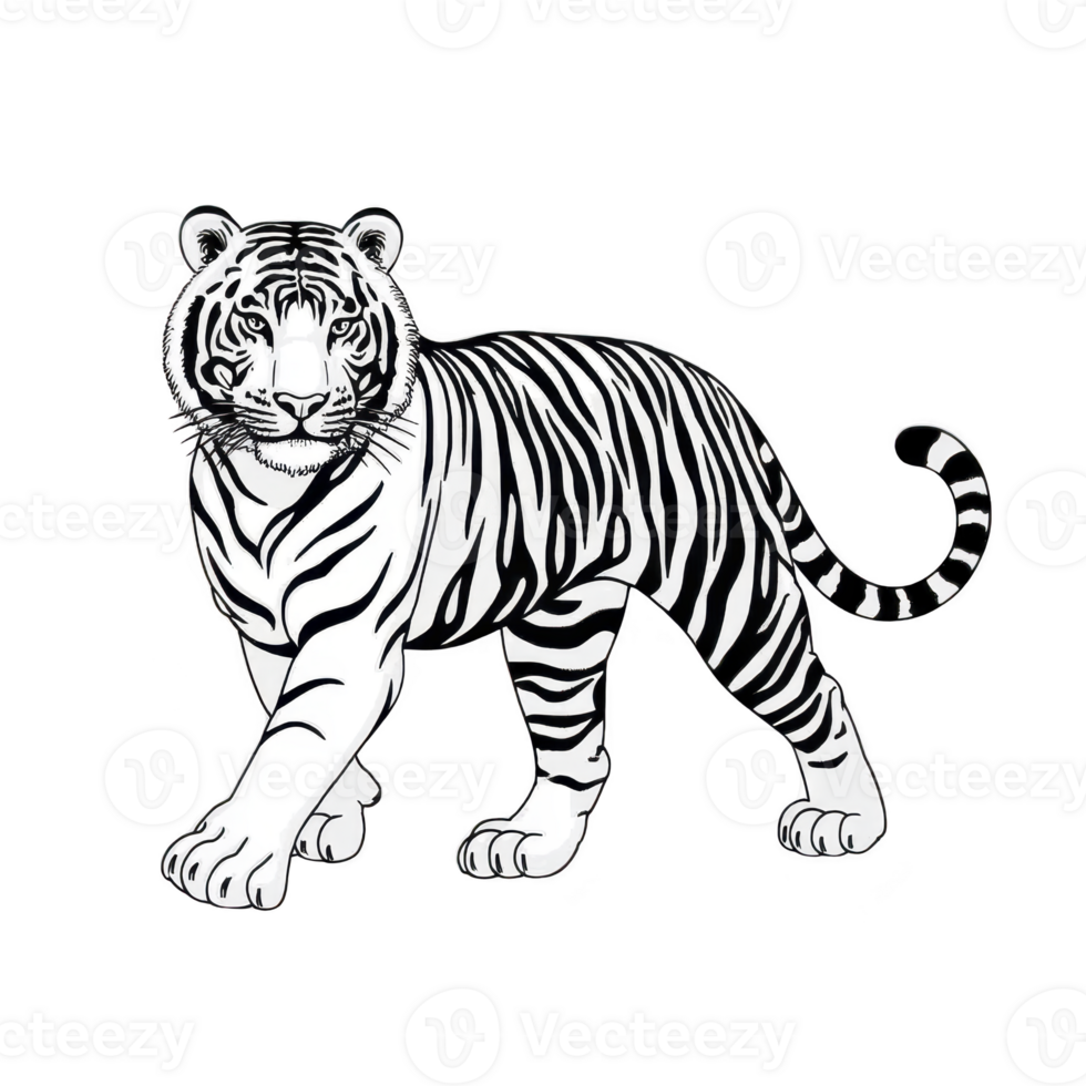 Black and white illustration of tiger walking, showcasing its distinctive stripes and powerful stance. tiger expression is calm yet commanding, highlighting its majestic nature png